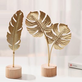 KARLOR Pack of 2 Golden Statue Decoration, Feather Sculpture + Turtle Leaf Statue Decoration, Home Ornaments Sculptures Metal Leaves Gold, Living Room Table Decoration Bedside Table Desktop Decoration