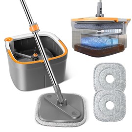 Spin Mop and Bucket Set with Self Separation Dirty and Clean Water System, Square Mop Bucket Self Wringing 360° Rotating Clean Floor Mop-Head for Hardwood Tile Marble Floors