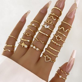 Hremhoo Gold Knuckle Rings Set for Women Boho Stackable Finger Rings Pack Simple Stacking Layering on Thumb and Knuckle Midi Finger Rings Jewelry (28 Pcs Set - Gold)