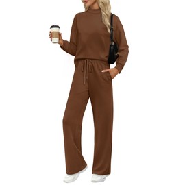 WIHOLL Women's Athletic Clothing Sets Long Sleeve Mock Neck 2 Piece Outfits Fall Winter Fashion 2025 Going Out Sets Spring Beach Vacation Clothes Fashion Coffee L