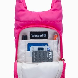 WanderFull Crossbody HydroBag | Quilted Water Bottle Carrier & Strap | Stylish Puffer Tote for Water Bottle | Pink & Patterned Strap
