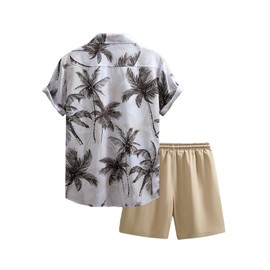 WDIRARA Men's Hawaiian Matching Set Summer Beach 2 Piece Outfits Tropical print Shirts and Shorts, Khaki Plants, Medium