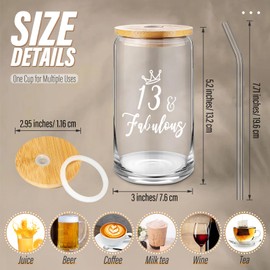 Lallisa 12 Pack Sweet 13/16/18th Gifts for Girls 16 oz Glass Cups with Lids and Straws 13/16/18th Birthday Party Favors for Her 16oz Coffee Glass Cups for Daughter Birthday Gift(13th Style)