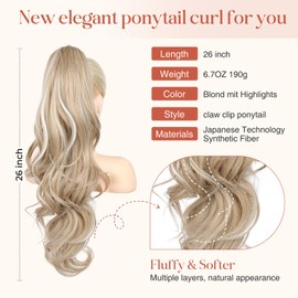 FLUFYMOOZ 26" Ponytail Extension, Long Wavy Curly Claw Clip in Ponytail Hair Extensions, Natural Synthetic Hairpiece for Women Daily Wear(Blonde with White Blonde Highlights)