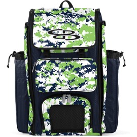 Boombah Catchers Superpack Bat Bag Digital Camo Navy/Lime Green - 23-1/2" x 13-1/2" x 9-1/2" - Multiple Colors - Holds 4 Bats - Backpack Version (no Wheels)