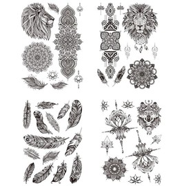 4 Sheets Lion Wolf Mandala Temporary Tattoos Feather Tattoos