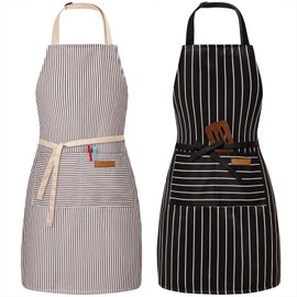 BeLuyi BeLuyi 2 Pack Adjustable Bib Apron with 2 Pockets Chef Cooking Kitchen Restaurant Aprons for Women Men (Black/Brown Stripes)
