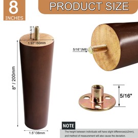 Yaliuliu Brown 8 Inches Furniture Legs Round Solid Wood Sofa Legs Replacement Legs for Cabinet Vanity Couch Chair Dresser Pack of 4