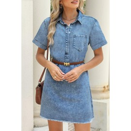 LOOKUB Denim Dress Casual Womens Denim Dress Blue Jean Dress Lapel Short Sleeve Mini Denim Dress Flowy