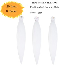 Pre Stretched Braiding Hair Extensions 3 Packs 20 Inch White Braiding Hair Synthetic Braids Hair Extension for Women Hot Water Setting(20Inch,60#)