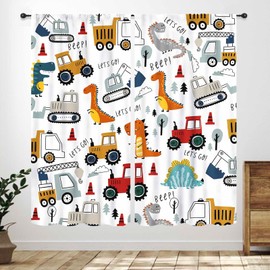 Cortinas de construcción para habitación de niños, camiones de dinosaurios de dibujos animados, bosques, animales salvajes, cortinas de ventana para niños, niñas, recámara, sala de estar, 2 paneles,