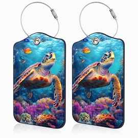 Mazumbuy 2 Pack Luggage Tags for Suitcases Sea Turtle Swimming in The Ocean Leather Luggage Tags Privacy Cover ID Label with Stainless Steel Loop and Address Card for Women Men Travel Bag Backpack