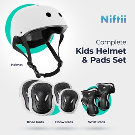 Niftii Kids Helmet with Pads - Adjustable Multi-Sport Complete Safety Gear for Cycling, Skateboarding & Scooting - Ideal for Boys & Girls Ages 3-15 - Kids Bike Helmet Set, White