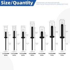 Glarks 130pcs 7 Sizes Balck Aluminum Blind Rivets, Aluminum Grip Steel Mandrel Pop Rivet, Pop Rivets Assortment Kit, Large Flange Rivets for Metal, Furniture, Automotive
