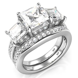 Metal Factory Sz 6 Sterling Silver 3 Carat Princess Cut Cubic Zirconia CZ Wedding Engagement Ring Set