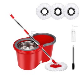Spin Mop and Bucket with Wringer Set, 360° Spinning Mop Bucket System, 3 Microfiber Mop Replacement Heads, 61" Stainless Steel Adjustable Handle Black:_Red