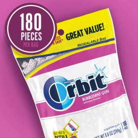 Orbit ORBI BUBBLEMINT SUGAR FREE GUM 8.5oz - RESEALABLE BAG 180PCS -PACK OF 3