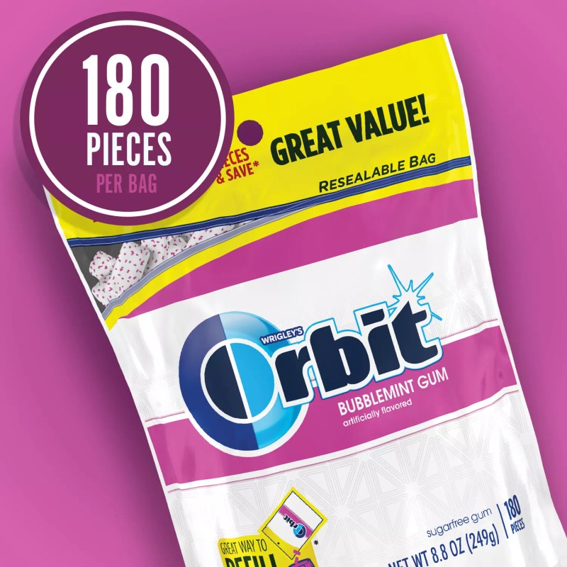 Orbit ORBI BUBBLEMINT SUGAR FREE GUM 8.5oz - RESEALABLE BAG