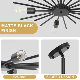 Karjearl Black Semi Flush Mount Ceiling Light, 27.5 Inch 5-Light Large Sputnik Flush Mount Light Fixtures, Farmhouse Industrial Sloped Ceiling Lighting for Kitchen, Entryway, Bedroom, Living Room