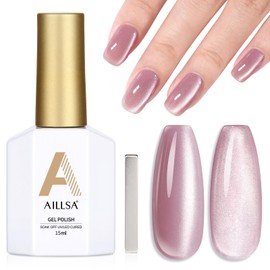 AILLSA Nude Pink Cat Eye Gel Nail Polish Crystal Glass Glitter Gel Polish with Magnet, Jelly Pearl Sparkle Gel Nail Polish Reflective Shimmer Translucent Color U V Gel Salon DIY at Home 0.5 OZ GF22