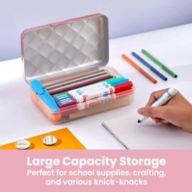 It's Academic Metallic Pencil Case Box, Hard Plastic, Stylish Quited-Pattern Lid, Rose Gold