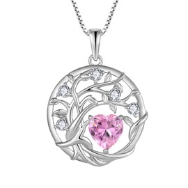 FJ Tree of Life Necklace Women's 925 Sterling Silver Tree of Life Necklace Pendant Birthstone Jewellery Gifts for Women, Cubic Zirconia, Tourmaline