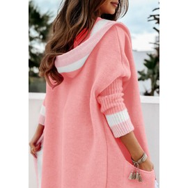 chouyatou Women's Color Block Vertical Striped Open Front Oversized Hooded Long Cardigan Sweaters with Pockets (Small, Pink)