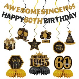 11pcs Happy 60th Birthday for Men Women Decorations,sixty Bday Banner Ceiling Table Topper Sign Awesome Since 1965 Old Black and Gold Kit Swirls Party Decorations Supplies