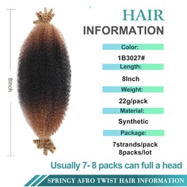 8 Inch Bob Ombre Marley Hair 1B3027 Short Afro Kinky Twist Braiding Hair for Passion Twist Crochet Hair 8 Packs Soft Fluffy Twisted Up Springy Afro Twist Hair Extension for Women Girl 8 Packs