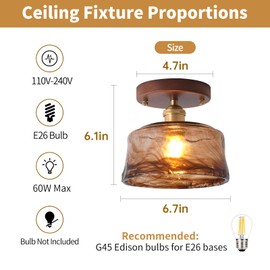 2 Pack Brown Glass Brass Wood Semi Flush Mount Ceiling Light Fixture, Mid-Century Modern Ceiling Lights Fixtures, Small Mini Entry Way Lighting Fixtures Ceilings, Hallway Ceilings Light Fixture