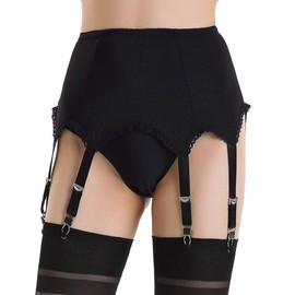 Alacki Women's 6 Strap Suspender Belt Metal Clip Suspender for Thigh High Stockings Solid Color (S~2XL), black