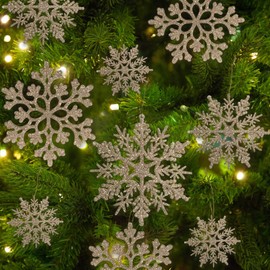 36pcs Christmas Champagne Gold Snowflake Ornaments Plastic Glitter Snow Flakes Ornaments for Winter Christmas Tree Decorations Size Varies Craft Snowflakes