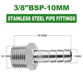 TAISHER 10PCS Forging of 304 Stainless Steel of Air Hose Fittings, 10MM Barb x 3/8" MBSP Pipe Adapter with with 10PCS Hose Clamp