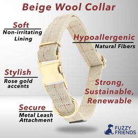 Fuzzy Friends Beige Wool Collar. A hypoallergenic, designer dog collar with gold metal buckle. This elegant boho dog collar is a comfortable dog collar and perfect girl dog collar or boy dog collar