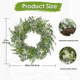 Briful 20in Eucalyptus Door Wreath Spring Summer Greenery Wreath Artificial Hanging Foliage Wreath for Front Door Outside All Season Window Mantle Farmhouse Home Decor