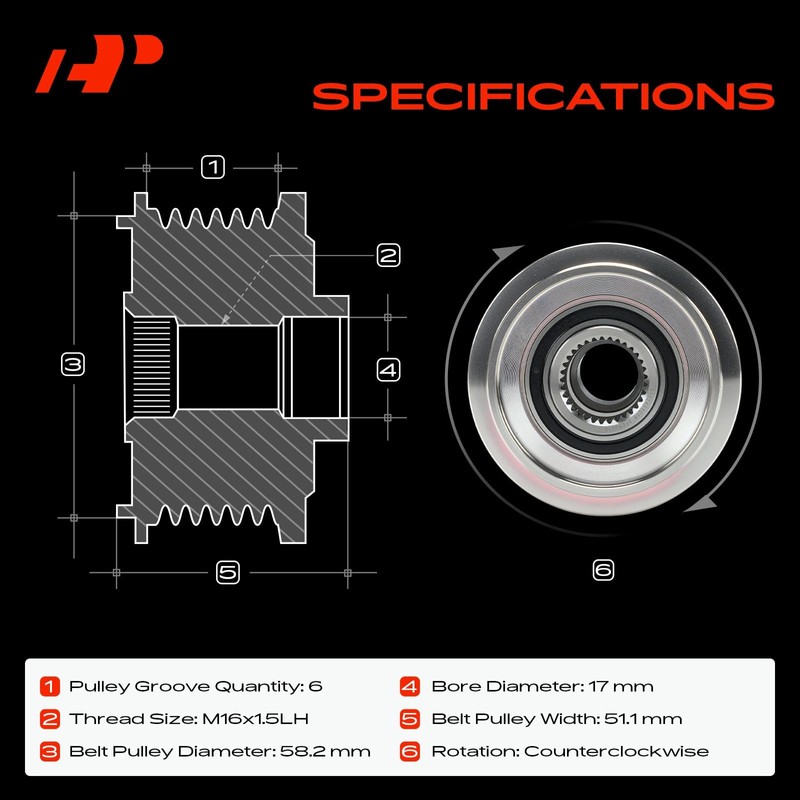 A-Premium Alternator Freewheel Clutch Pulley, 6 Grooves, Compatible with Land