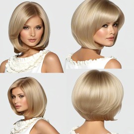 Vintage & Haven Blonde Bob Wig with Bangs, Shoulder Length Synthetic Hair, Natural Looking Layered Cut, Heat Resistant