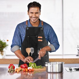 lompyeu Barbecue Apron for Men, Cooking Apron, Waterproof Apron with 3 Pockets, Canvas Apron, Denim Cooking Apron, Cross Back Design, Kitchen Apron for Men, Women, Kitchen, Restaurant, Cafe, black