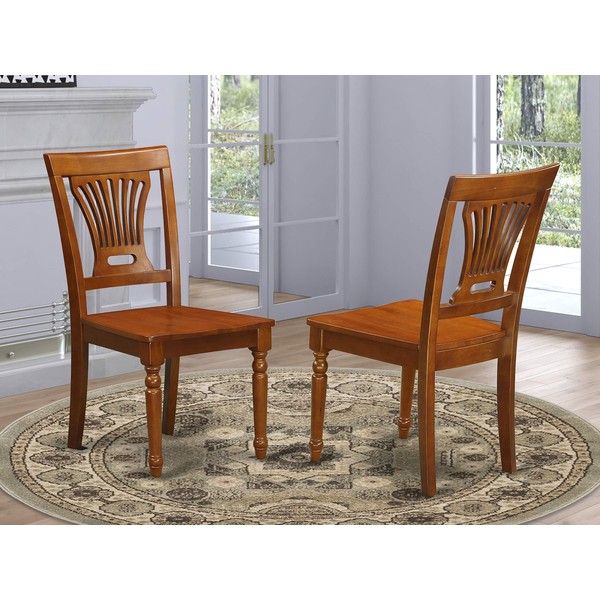 East West Furniture PVC SBR W Plainville dining chair set of 2 Wooden Seat and Saddle Brown Hardwood Frame dining room chairs