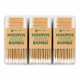 MRK HOME Hisopos con Palillo de Bambú, 100% Algodón, Biodegradables, Mango Compostable, 1500 Piezas, 3 Pack de 500, Uso Higiene Belleza y Hogar