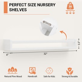 Heimlove Nursery Floating Shelves, White Nursery Book Shelves for Wall, 32 inch Wall Bookshelf for Kids Solid Wood Wall Mounted Shelves for Books,Toys and Decor Storage, Set of 2