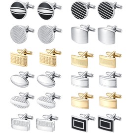 SONNYX 12 Pairs Cuff Links for Men Classic Tone Silver Black Gold Striped Square Rectangle Cuff Links Shirt Suit Mens Cufflinks for Wedding Groom Business