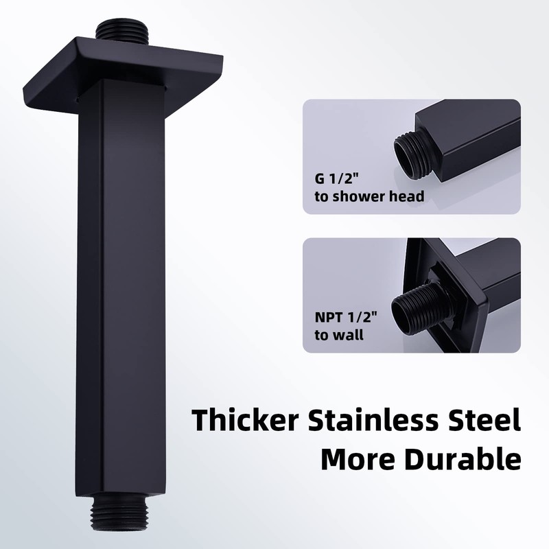 6 Inch Square Ceiling Mount Shower Arm with Flange, Stainless