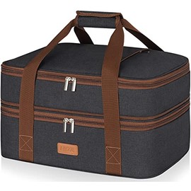 LHZK Double Decker Insulated Casserole Carrier for Hot or Cold Food, Expandable Hot Food Carrier, Lasagna Holder Tote for Potluck Parties, Picnic, Beach, Fits 11 x 15 or 9 x 13 Baking Dish (Black)