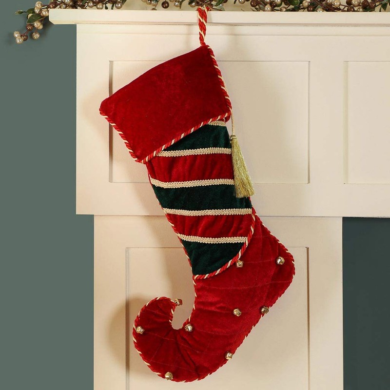 Dibor Luxury Festive Velvet Striped Elf Boot Stocking with Strong
