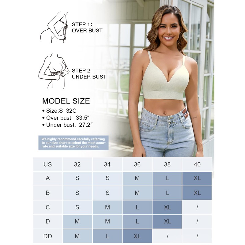 Kniffi Womens V Neck Wireless Bra Ribbed Seamless Bralette Padded