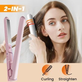2025 New Mini 2-in-1 Curling Iron & Flat Iron – Portable Dual-Purpose Hair Straightener & Curling Wand for All Hair Types (Pink) – Travel-Friendly Design