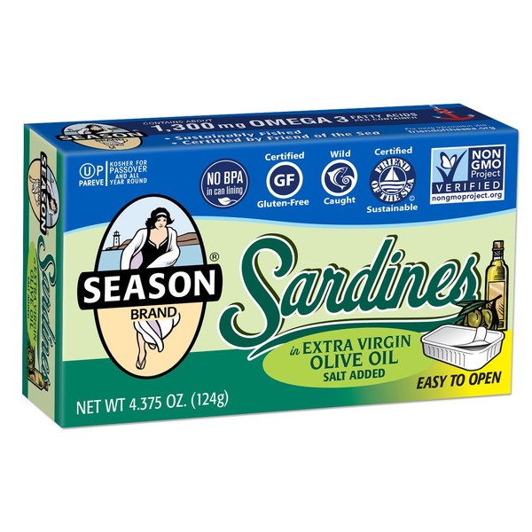 Season Sardines in Organic Extra Virgin Olive Oil, 4.375 Ounce (Pack of 12)