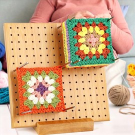 9x9 Inch Crochet Blocking Board, Bamboo Granny Square Blocking Mat with 12 Stainless Steel Pegs, Wooden Base and 5 Yarn Needles, Gifts for Crocheters