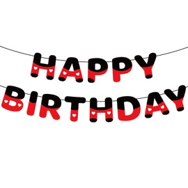 SAVITA Red and Black Happy Birthday Banner, Pre-Strung Cartoon Mouse Birthday Decorations Hanging Backdrop for Kids Boy Girl Themed Party Decor Supplies
